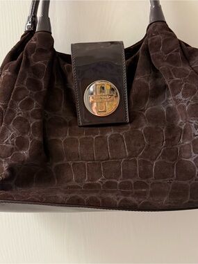 kate spade Brown Croc-Embossed Suede Satchel with Patent Trim